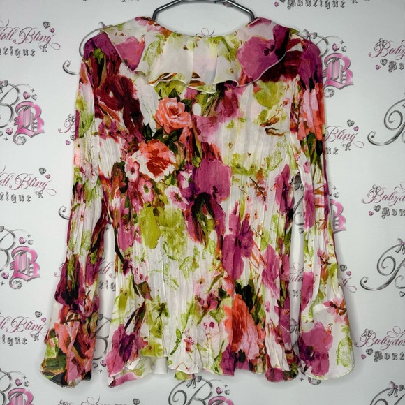 Sunny Leigh blouse ruffle frill hem bell bottom sleeve cuffs floral pleated luxe - Picture 3 of 14